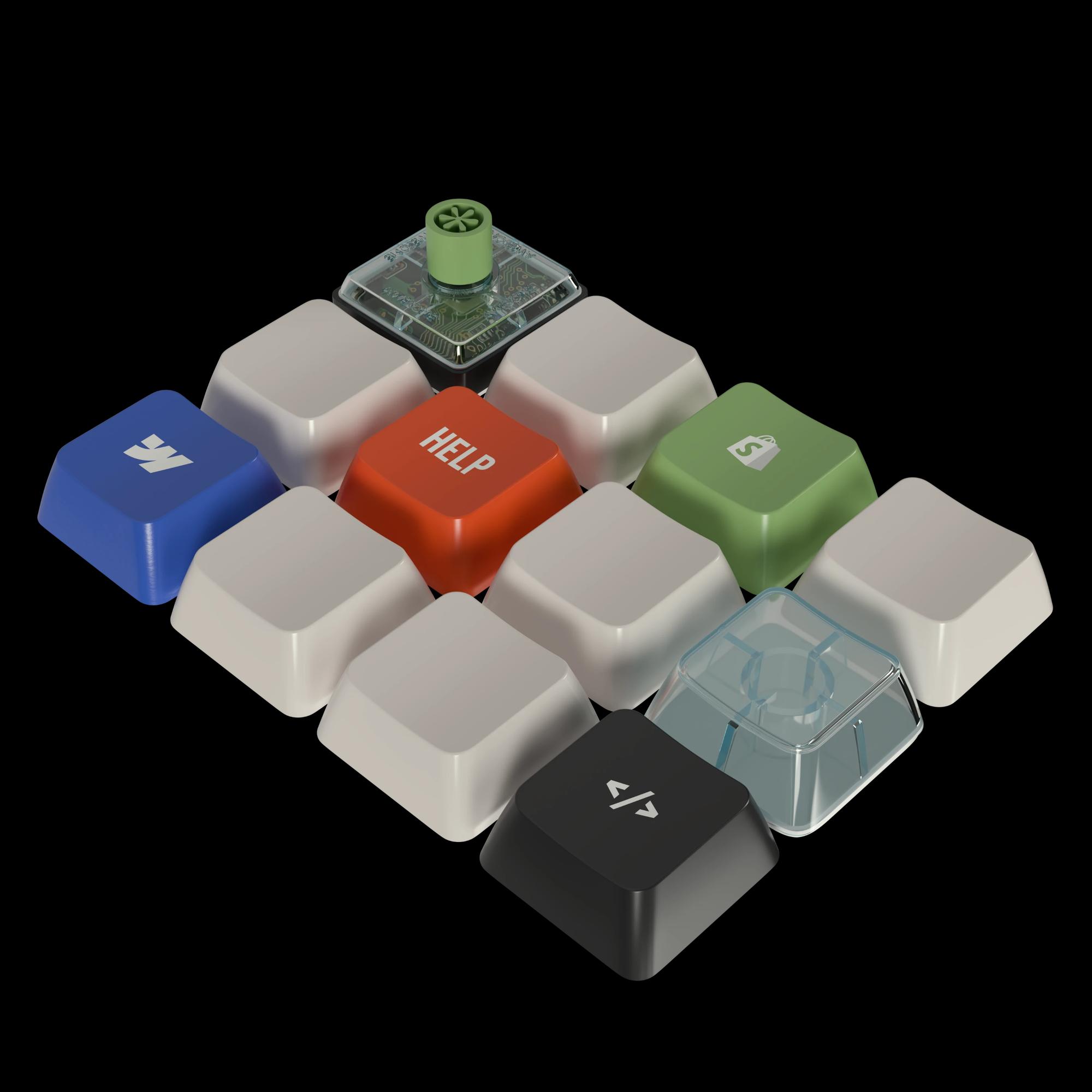 3D Render of a Keyboard with buttons of with Webflow, Shopify and custom code